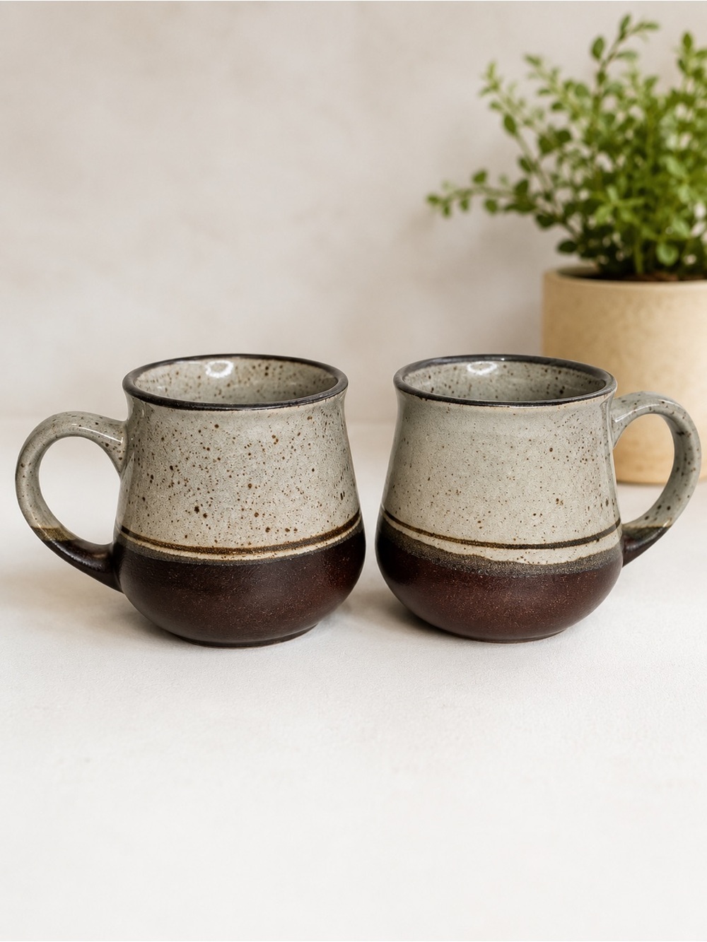 Vintage Korean Stoneware Mug Set of 2 Speckled Brown Cream Coffee Cups